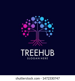 Tech tree digital logo design vector icon. Tree connection logo