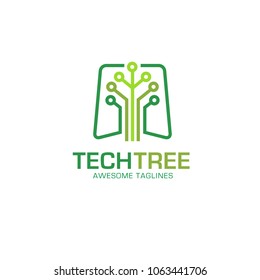 tech tree logo concept, green network  technology logo vector