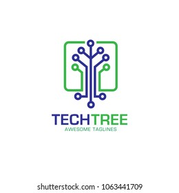 Tech Tree Logo Concept, Green Network  Technology Logo Vector