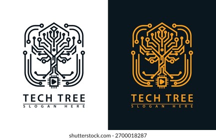 Tech tree logo framed by circuit lines. Represents growth, innovation, data structure, and digital development. Monoline style.