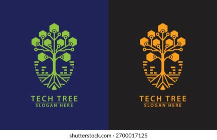 Tech tree logo with hexagon canopy and city base. Represents smart growth, urban technology solution, and environmental innovation.