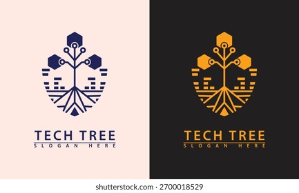 Technischer Baum Logo mit Wurzeln und Stadt Skyline Basis. Symbolisiert urbane Technologie, intelligente Stadt, digitale Infrastruktur und Wachstum.