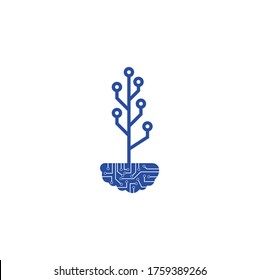 Tech Tree Logo Template Design. Brain with Tree Logo Design Template.