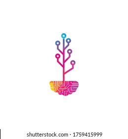 Tech Tree Logo Template Design. Brain with Tree Logo Design Template.