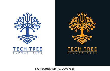 Technischer Baum Logo mit WiFi Wurzeln. Stellt digitales Wachstum, Netzwerkkonnektivität, Online-Daten und drahtlose Kommunikation dar.