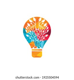 Tech tree vector logo design template. Connecting network tree with lightbulb icon logo.