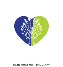 Tech tree vector logo design template. Connecting network tree with heart icon logo.