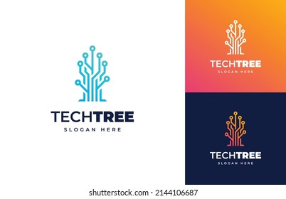 Tech tree wire chain circle connect circuit vector logo design, Modern green tech data system digital logo design