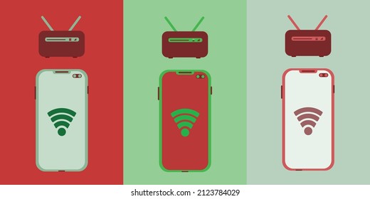A tech type background of smartphone with wifi signal sign displayed and a router  with two antenna all repeating three times with different colors horizontally across