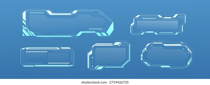 Quadro de tecnologia UI em estilo cyberpunk com elementos de interface digital azul neon. Design de HUD futurista, tela de jogo e elementos científicos para fundos gráficos modernos. Elemento vetorial com bordas brilhantes.