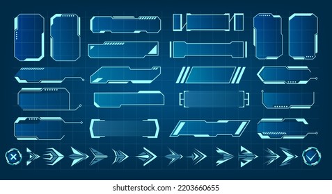 Tech ui frames. Cyber website goods, futuristic concepts hi-tech elements, hud panels and arrows, technology design screen gui data panels vector illustration