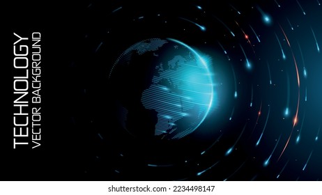 Technischer Vektor. Blauer abstrakter futuristischer Hintergrund. Sonnenaufgang. Satelliten und Raketen in der Umlaufbahn des Planeten Erde. Plasmawolke mit Energie. Lichtstrahlen mit flackernden Partikeln. Wissenschaft und Technologie.