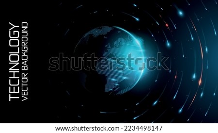 Tech vector. Blue abstract futuristic background. Sunrise. Satellites and rockets in orbit of planet Earth. Plasma clot of energy. Glowing rays with flickering particles. Science and technology.