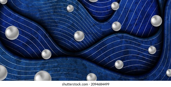 Tech vector blue and silver graphic design with waves and balls. Geometric glossy 3d spheres. Abstract corporate grunge texture background
