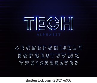 Tech vector font typeface unique design with led neon light lamps. For technology, circuits, engineering, digital , gaming, sci-fi and science subjects.