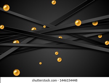 Tech vector graphic design with black stripes and golden balls. Geometric glossy 3d spheres. Abstract corporate background