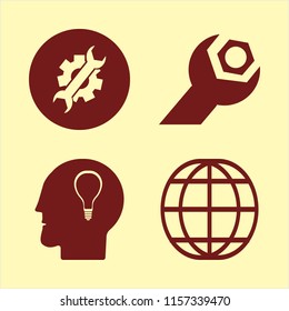 tech vector icons set. with bulb head, globe and wrench gear in set