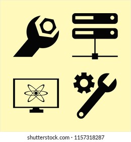 tech vector icons set. with wrench gear, atom monitor and server in set
