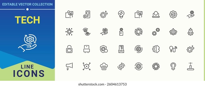 Tech vector line icon set. Includes thin line symbols ai, innovation, technology, development and more. Automation icon pack. Icons for UI design. Editable stroke vector art.