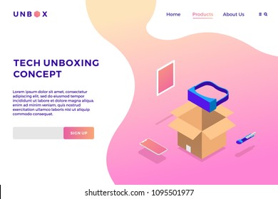 Tech VR Unboxing Isometric Vector Illustration Of Box Phone Tablet Landing Page