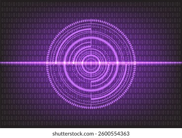 Tech wheel and light beam on computer binary code background