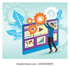 El trabajador técnico ajusta los engranajes de gran tamaño en el tablero de instrumentos lleno de gráficos, mapas y Elementos de medios. Simbolizando la innovación, la colaboración y el desarrollo digital. Concepto de mantenimiento de Sitio web.