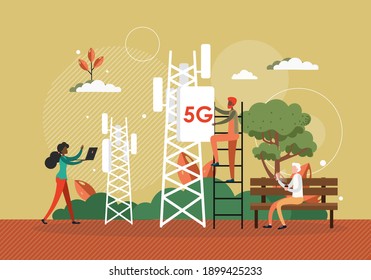 Tech worker installs 5G antenna to cellular network tower. 5G technology concept vector illustration. Fast wireless internet around city
