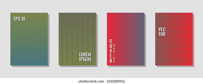 Tech zig zag lines gradient texture curves background for advertising cover. Wavy stripes and zig zag vector`halftone lines texture cover templates collection in red and green colors.
