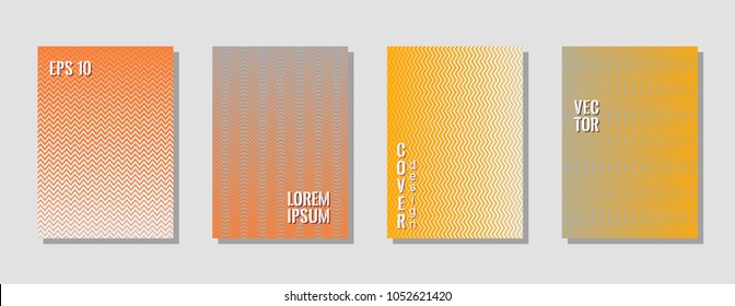 Tech zig zag lines gradient texture curves background for scientific cover. Wavy stripes and zig zag vector halftone lines texture catalog covers set in orange, grey and white colors.