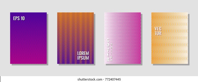 Tech zig zag lines gradient texture curves background for advertising cover. Wavy stripes and zig zag vector halftone lines texture posters collection.