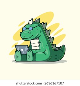 Techasaurus Rex, Dino Monster Working on a laptop vector illustration. Mascot, tech design concept.