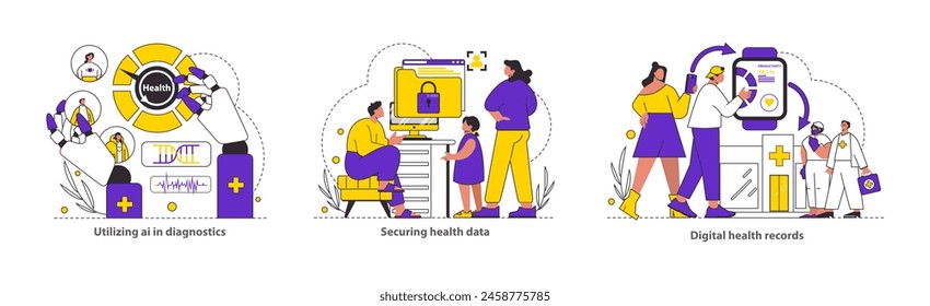 Tech-Assisted Health set. Innovative AI diagnostics, secure health data systems, and digital health records management. Advances in healthcare technology and patient privacy. Vector illustration.
