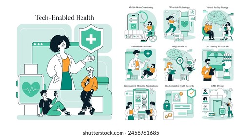 Tech-Enabled Health set. Innovations transforming healthcare through telemedicine, mobile monitoring, and AI. Patient-centric, futuristic medical solutions. Vector illustration.