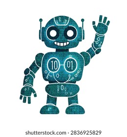 Tech-focused illustration of a friendly waving robot made of digital bits and bytes, ideal for software and programming themes.