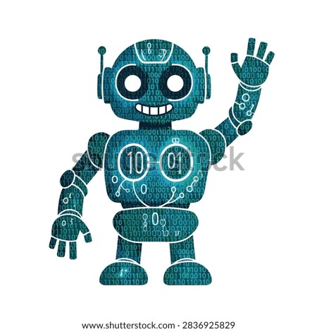 Tech-focused illustration of a friendly waving robot made of digital bits and bytes, ideal for software and programming themes.