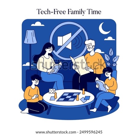 Tech-free family time concept. A family engages in reading and playing board games, enjoying a peaceful evening together. Digital detox and quality bonding. Vector illustration.