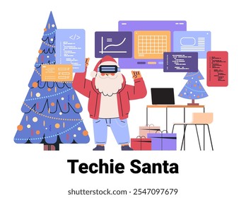 Techie Santa virtuelle Realität Codierung Weihnachtszene. Weihnachtsmann in VR Headset Codierung mit Bildschirmen Geschenke Laptop Weihnachtsbäume bunt digitalen Arbeitsplatz