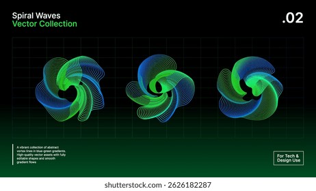 Tech-Inspired Abstract Spirals – Editable Vector Gradient Waveforms in Blue and Green