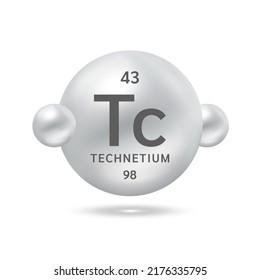 Technetium molecule models grey and chemical formulas scientific element. Natural gas. Ecology and biochemistry concept. Isolated spheres on white background. 3D Vector Illustration.