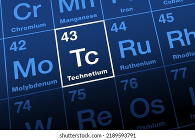 Technetium On Periodic Table. Transition Metal With Atomic Number 43, Named After Greek Technetos, Meaning Artificial. Naturally Occurring As A Spontaneous Fission Product In Uranium And Thorium Ores.