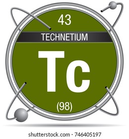 Technetium symbol  inside a metal ring with colored background and spheres orbiting around.  Element number 43 of the Periodic Table of the Elements - Chemistry 