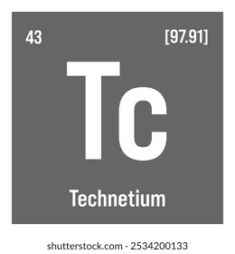 Tecnécio, Tc, elemento de tabela periódica com nome, símbolo, número atômico e peso. Elemento radioativo sintético com potenciais utilizações na pesquisa científica e na energia nuclear.