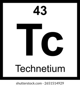 Quadro periódico de elementos de tecnécio (Tc) ladrilho. Ícone com número atômico 43. Metal de transição radioativo utilizado para diagnóstico por imagem.