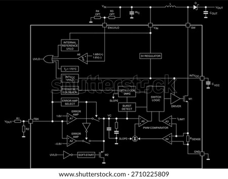 Technic schematic block diagram of digital electronic device on paper sheet. Vector drawing electrical circuit with 
inductor coil, diode, capacitor, operational amplifier, 
logic element, resistor.