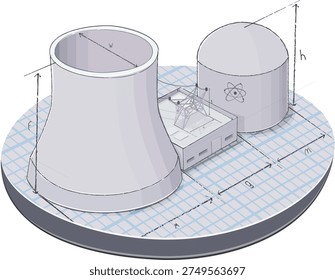 Technical 3D isometric blueprint of a nuclear power station featuring cooling towers, reactor building, and electrical substation for energy infrastructure development (cut out)