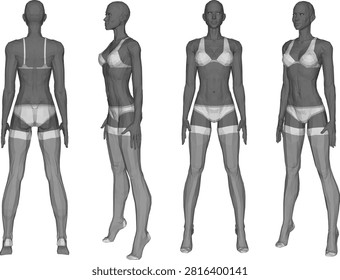Technical 3D model of a female mannequin showcasing anatomical proportions dressed in a two-piece lingerie set with bra, briefs, and thigh-high stockings