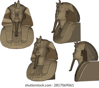 Technical 3D rendering of an antique King Tutankhamun style sculpture, displayed in multiple isometric views for historical education and game assets