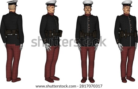 Technical 3D rendering of an army parade cadet officer standing in attention pose with a gear belt and pistol holster, displayed in multiple isometric views for game assets and military simulations