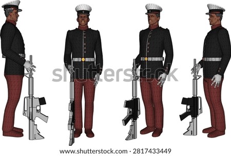 Technical 3D rendering of an army parade cadet soldier holding an assault rifle, displayed in multiple isometric views for game assets and military simulations