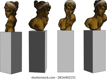 Technical 3D rendering of a golden bronze female bust sculpture with a white headband, displayed in multiple isometric views for game assets